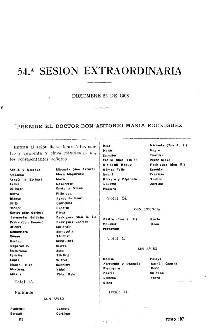 DIARIO DE SESIONES DE LA CAMARA DE REPRESENTANTES del 26/12/1908